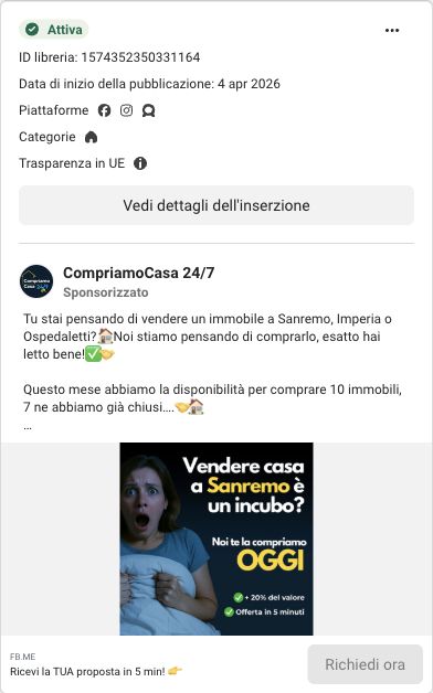 Inserzione CompriamoCasa 24/7 per Sanremo: promessa di acquisto oggi, maggiorazione del valore e offerta in cinque minuti.