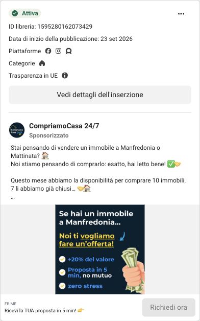 Inserzione CompriamoCasa 24/7 per Manfredonia con messaggi sul 20 per cento in più del valore e una proposta in cinque minuti.