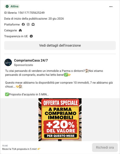 Inserzione CompriamoCasa 24/7 per Parma che pubblicizza un'offerta speciale e una maggiorazione del 20 per cento del valore.
